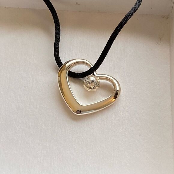 Silver Heart Necklace with Rhinestone on Black Chain - Picture 1 of 5